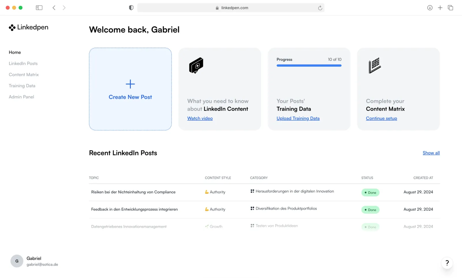 Linkedpen dashboard with post generator, content matrix and recent posts