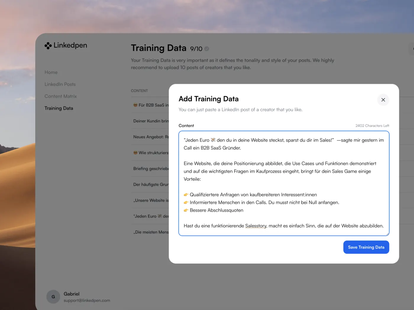 Training Data dialog showing a LinkedIn post being added as a tone reference