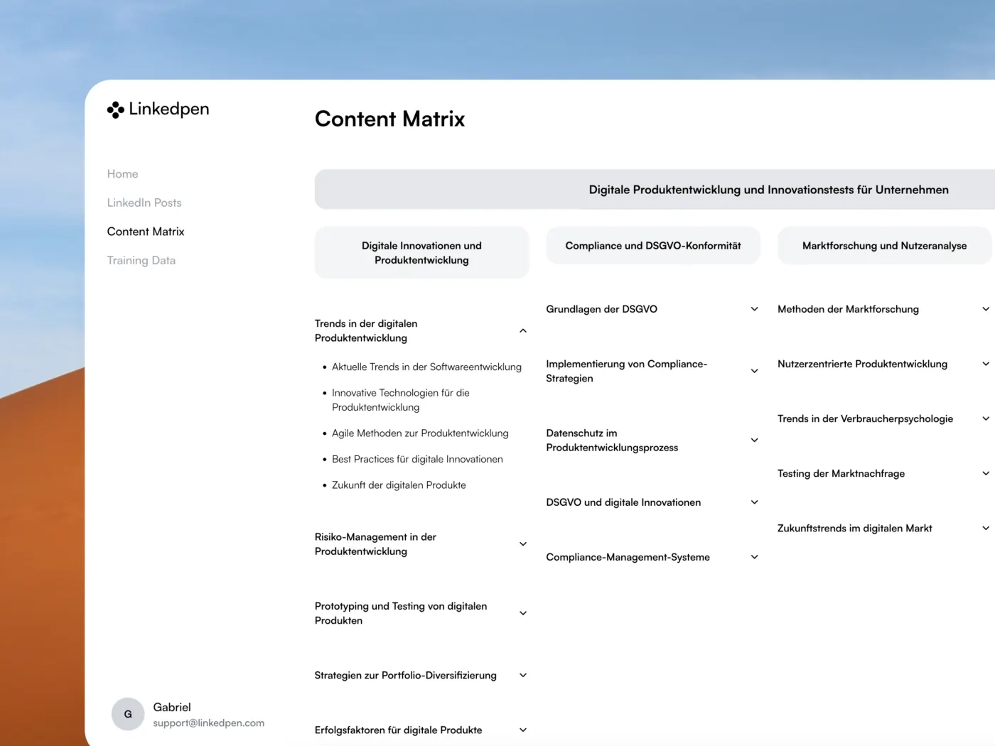 Content Matrix view with topics, audience clusters and angle suggestions