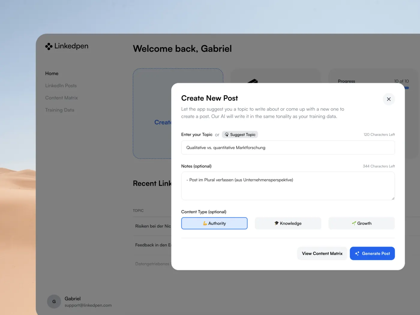 Create New Post dialog with topic, notes and Authority/Knowledge/Growth toggles